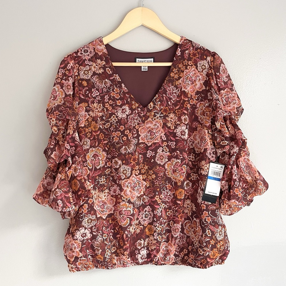 Sam and Jess Floral Blouse Women's Lantern Sleeve V Neck Romantic XL Petite NWT